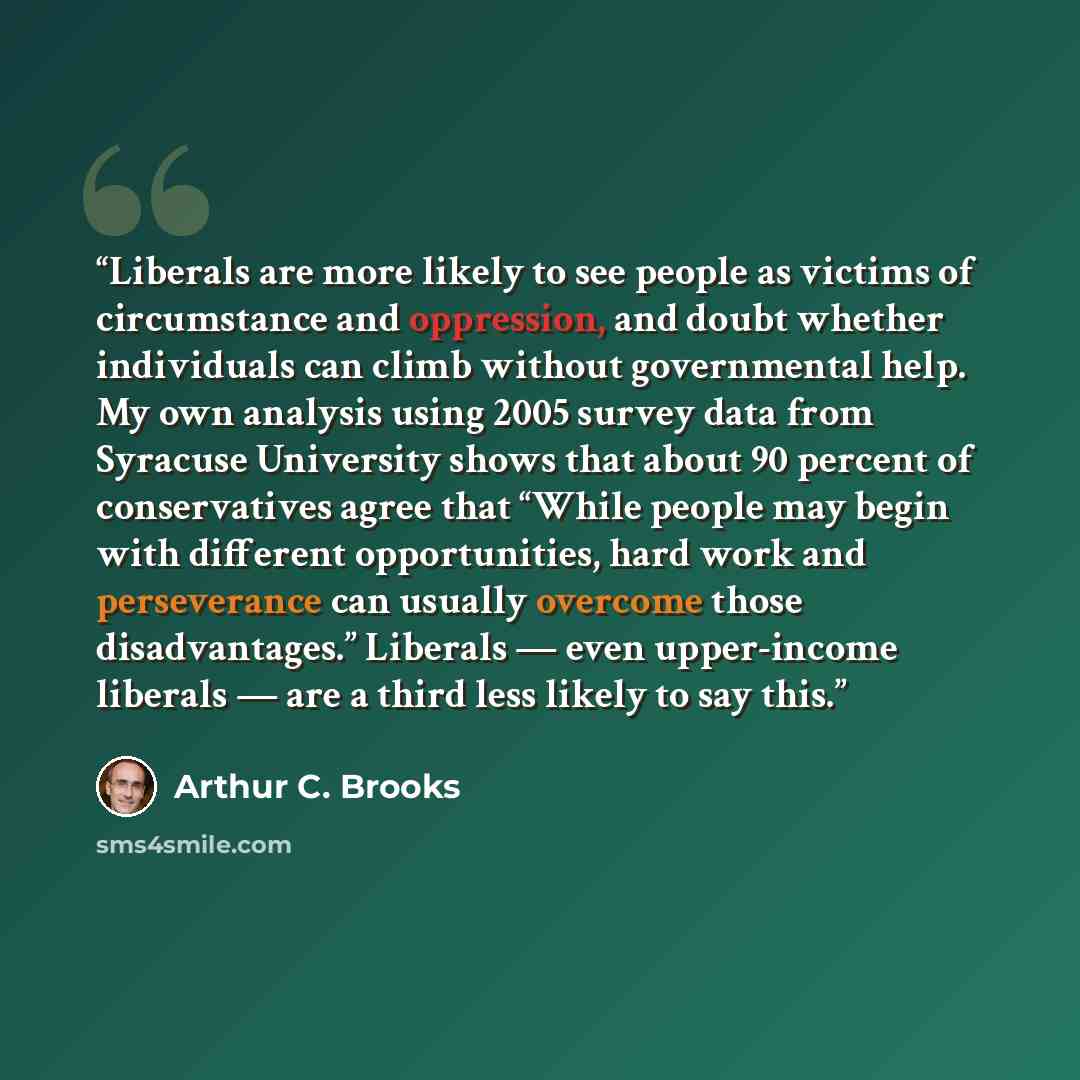 “Liberals are more likely to see people as victims of circumstance and oppression, and doubt whether individuals can climb without governmental help. My own analysis using 2005 survey data from Syracuse University shows that about 90 percent of conservatives agree that “While people may begin with…” quote by Arthur C. Brooks