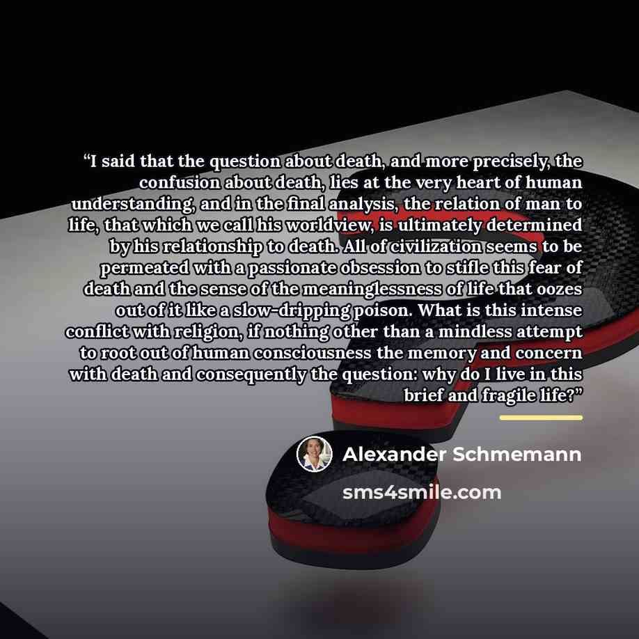 “I said that the question about death, and more precisely, the confusion about death, lies at the very heart of human understanding, and in the final analysis, the relation of man to life, that which we call his worldview, is ultimately determined by his relationship to death. All of civilization…” quote by Alexander Schmemann