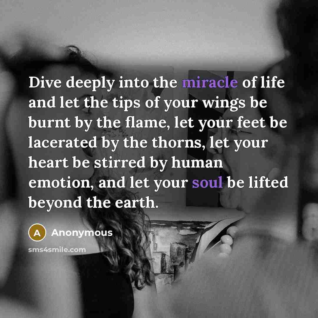 “Dive deeply into the miracle of life and let the tips of your wings be burnt by the flame, let your feet be lacerated by the thorns, let your heart be stirred by human emotion, and let your soul be lifted beyond the earth.” quote by Anonymous