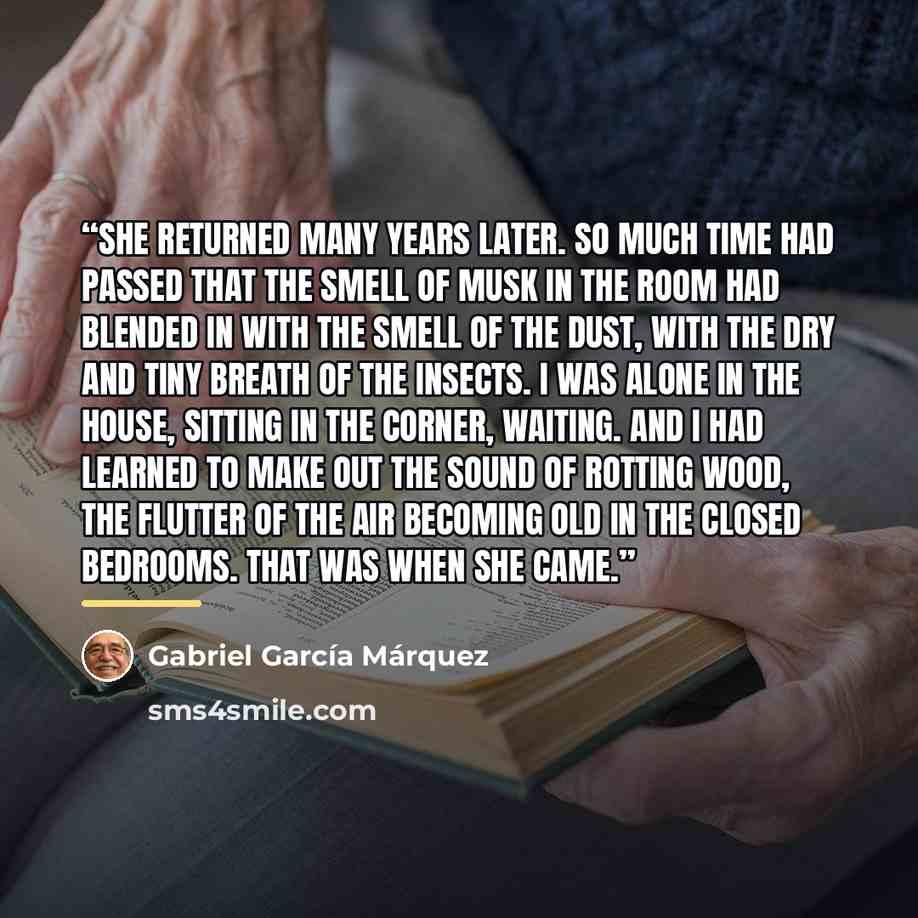 “She returned many years later. So much time had passed that the smell of musk in the room had blended in with the smell of the dust, with the dry and tiny breath of the insects. I was alone in the house, sitting in the corner, waiting. And I had learned to make out the sound of rotting wood, the…” quote by Gabriel García Márquez