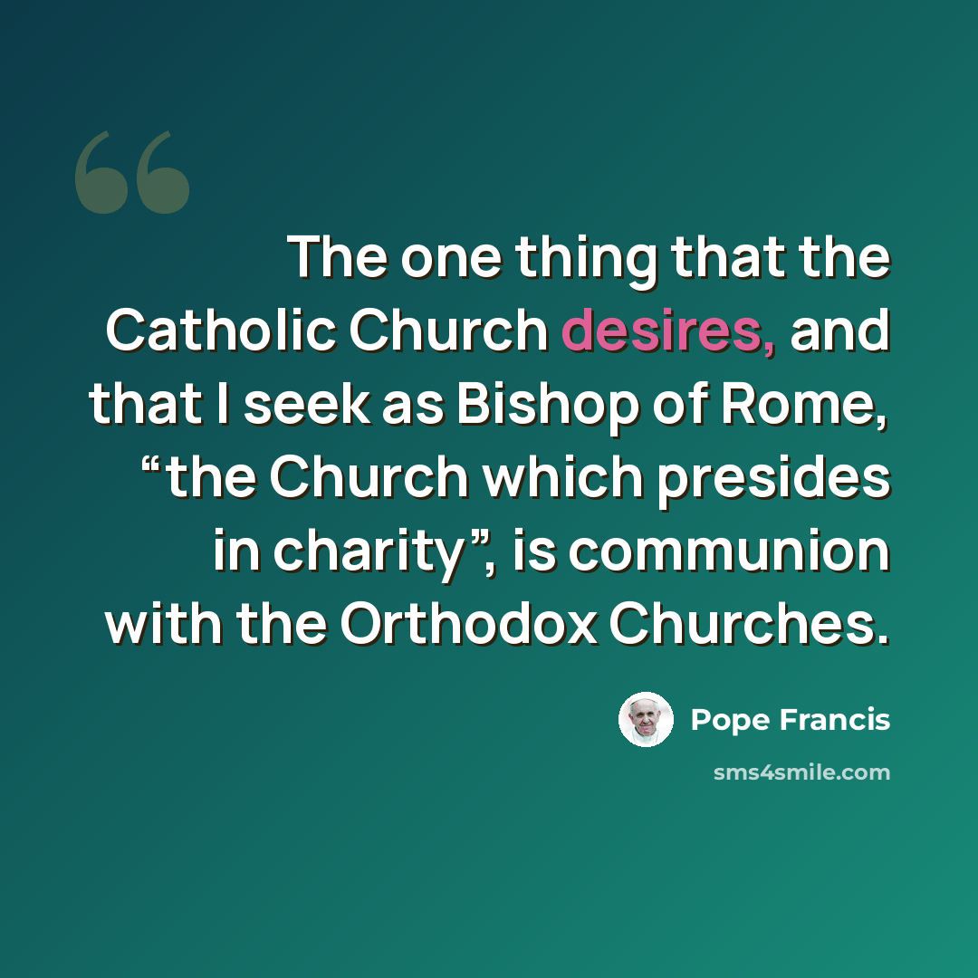 “The one thing that the Catholic Church desires, and that I seek as Bishop of Rome, “the Church which presides in charity”, is communion with the Orthodox Churches.” quote by Pope Francis