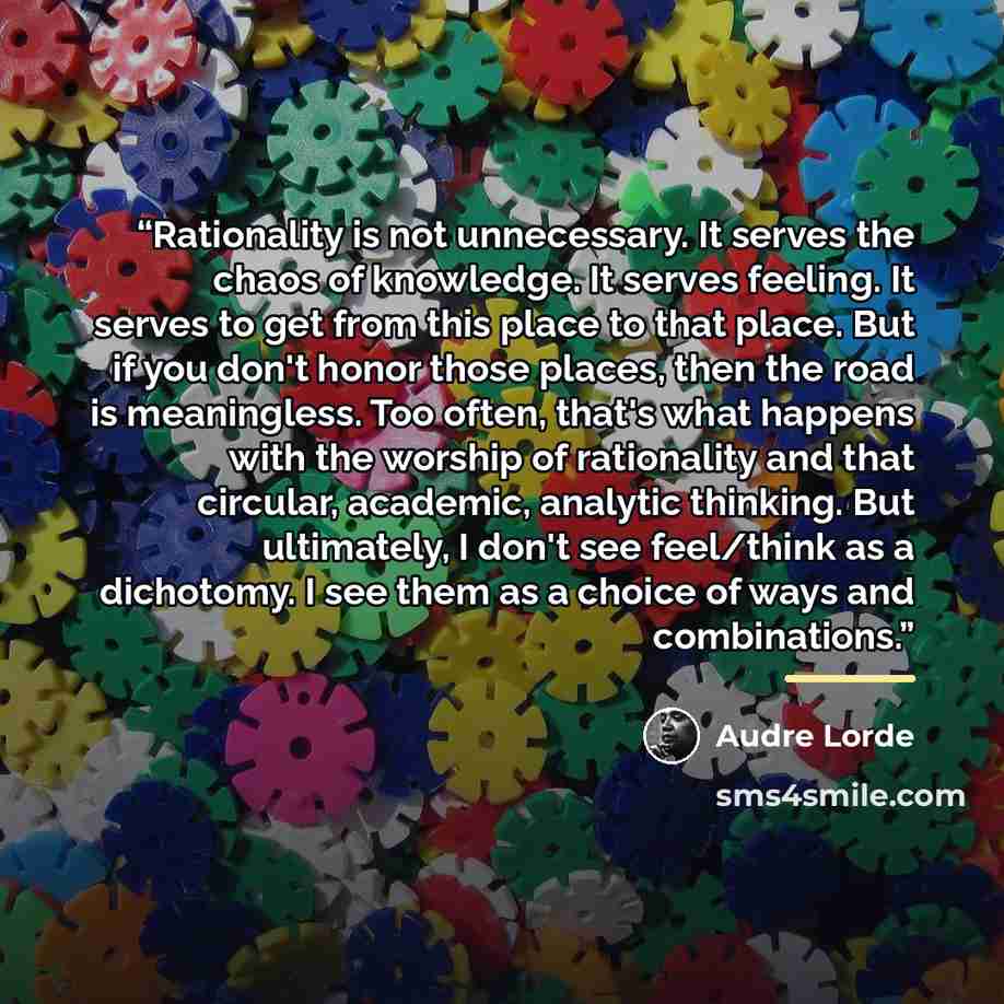 “Rationality is not unnecessary. It serves the chaos of knowledge. It serves feeling. It serves to get from this place to that place. But if you don't honor those places, then the road is meaningless. Too often, that's what happens with the worship of rationality and that circular, academic…” quote by Audre Lorde