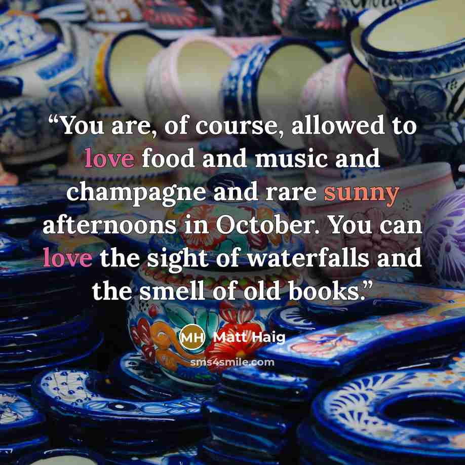 “You are, of course, allowed to love food and music and champagne and rare sunny afternoons in October. You can love the sight of waterfalls and the smell of old books.” quote by Matt Haig