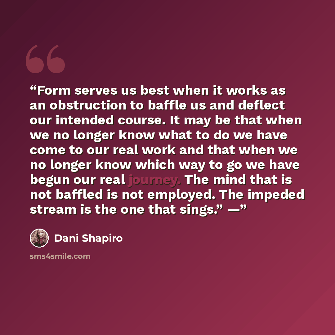 “Form serves us best when it works as an obstruction to baffle us and deflect our intended course. It may be that when we no longer know what to do we have come to our real work and that when we no longer know which way to go we have begun our real journey. The mind that is not baffled is not…” quote by Dani Shapiro