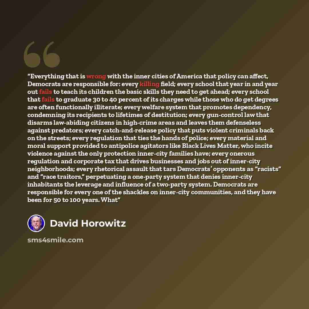 “Everything that is wrong with the inner cities of America that policy can affect, Democrats are responsible for: every killing field; every school that year in and year out fails to teach its children the basic skills they need to get ahead; every school that fails to graduate 30 to 40 percent of…” quote by David Horowitz