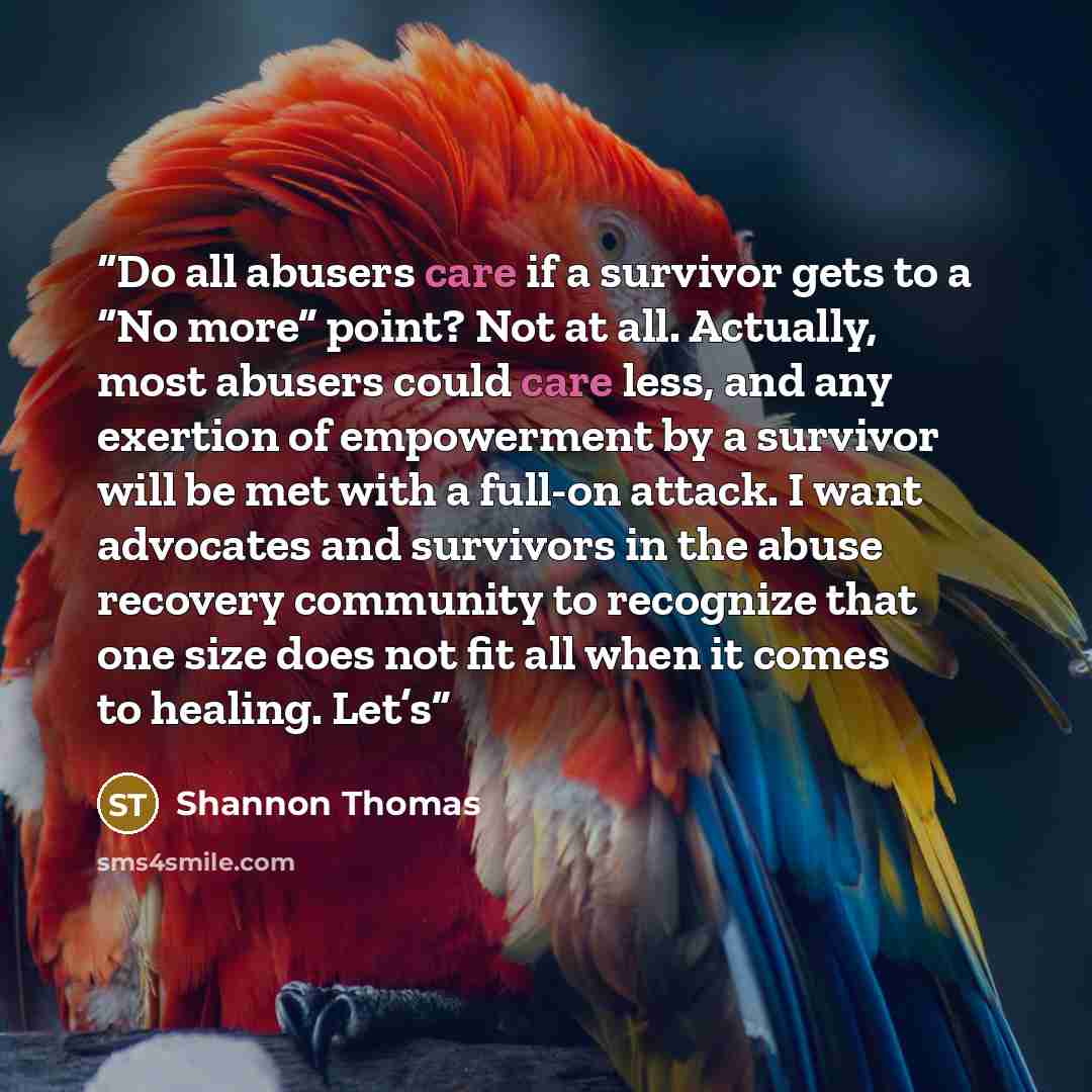 “Do all abusers care if a survivor gets to a “No more” point? Not at all. Actually, most abusers could care less, and any exertion of empowerment by a survivor will be met with a full-on attack. I want advocates and survivors in the abuse recovery community to recognize that one size does not fit…” quote by Shannon Thomas