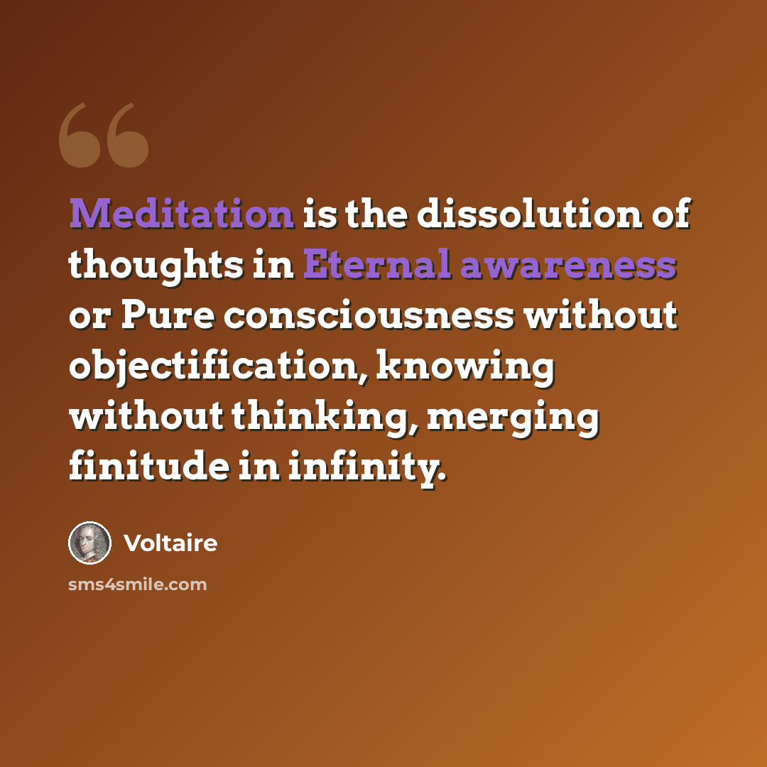 “Meditation is the dissolution of thoughts in Eternal awareness or Pure consciousness without objectification, knowing without thinking, merging finitude in infinity.” quote by Voltaire
