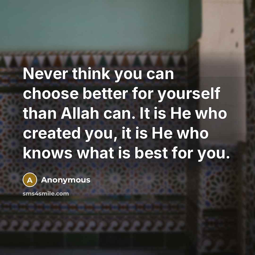 “Never think you can choose better for yourself than Allah can. It is He who created you, it is He who knows what is best for you.” quote by Anonymous