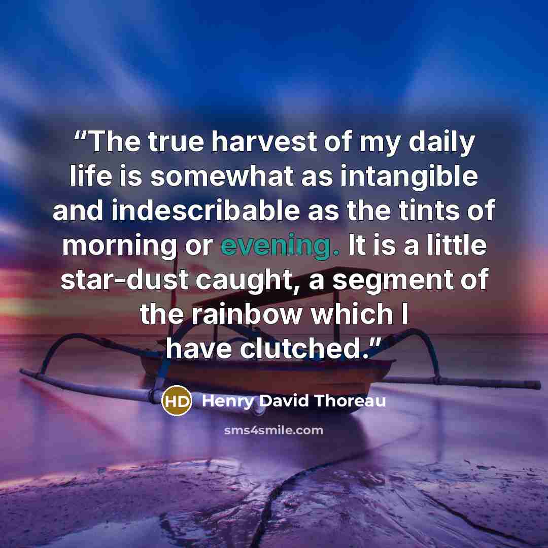 “The true harvest of my daily life is somewhat as intangible and indescribable as the tints of morning or evening. It is a little star-dust caught, a segment of the rainbow which I have clutched.” quote by Henry David Thoreau