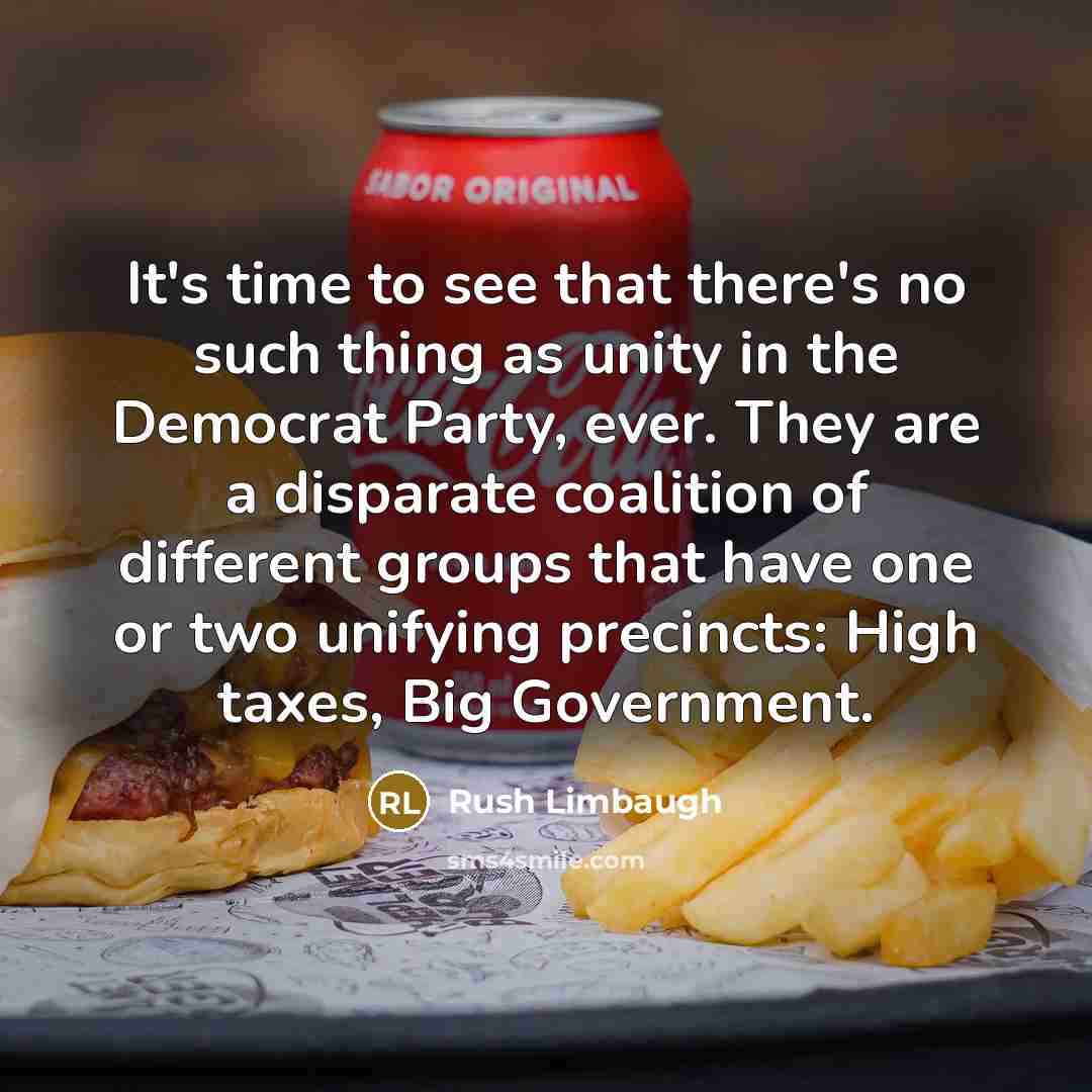 “It's time to see that there's no such thing as unity in the Democrat Party, ever. They are a disparate coalition of different groups that have one or two unifying precincts: High taxes, Big Government.” quote by Rush Limbaugh