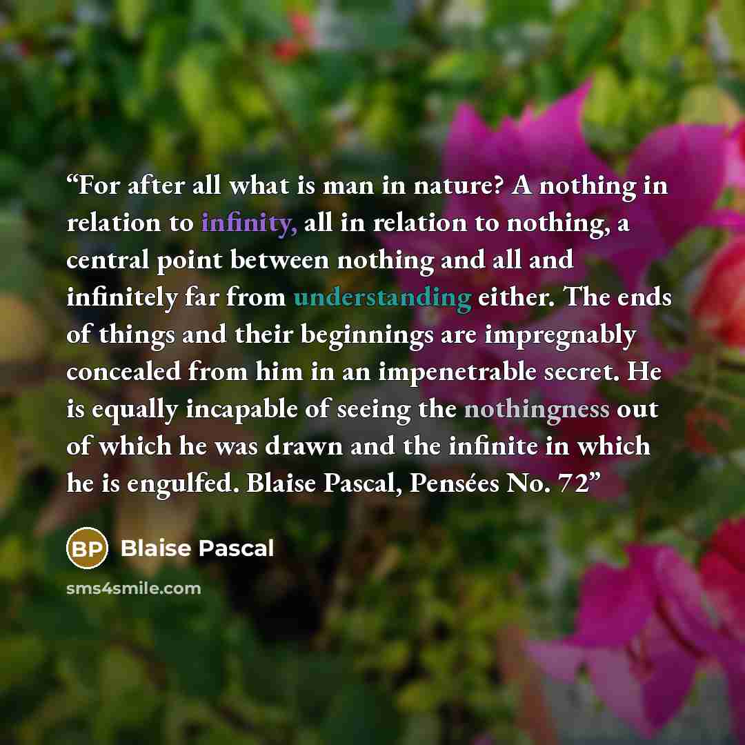 “For after all what is man in nature? A nothing in relation to infinity, all in relation to nothing, a central point between nothing and all and infinitely far from understanding either. The ends of things and their beginnings are impregnably concealed from him in an impenetrable secret. He is…” quote by Blaise Pascal