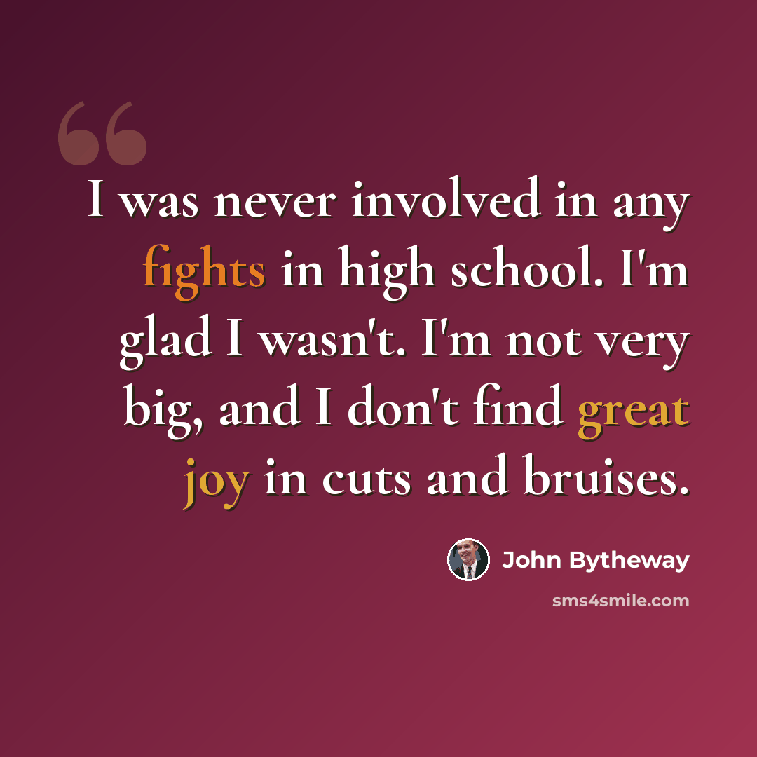 “I was never involved in any fights in high school. I'm glad I wasn't. I'm not very big, and I don't find great joy in cuts and bruises.” quote by John Bytheway