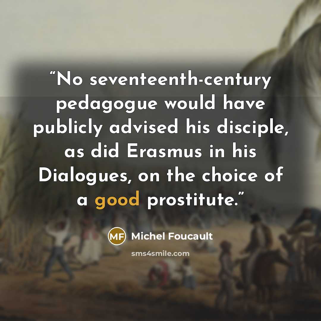 “No seventeenth-century pedagogue would have publicly advised his disciple, as did Erasmus in his Dialogues, on the choice of a good prostitute.” quote by Michel Foucault