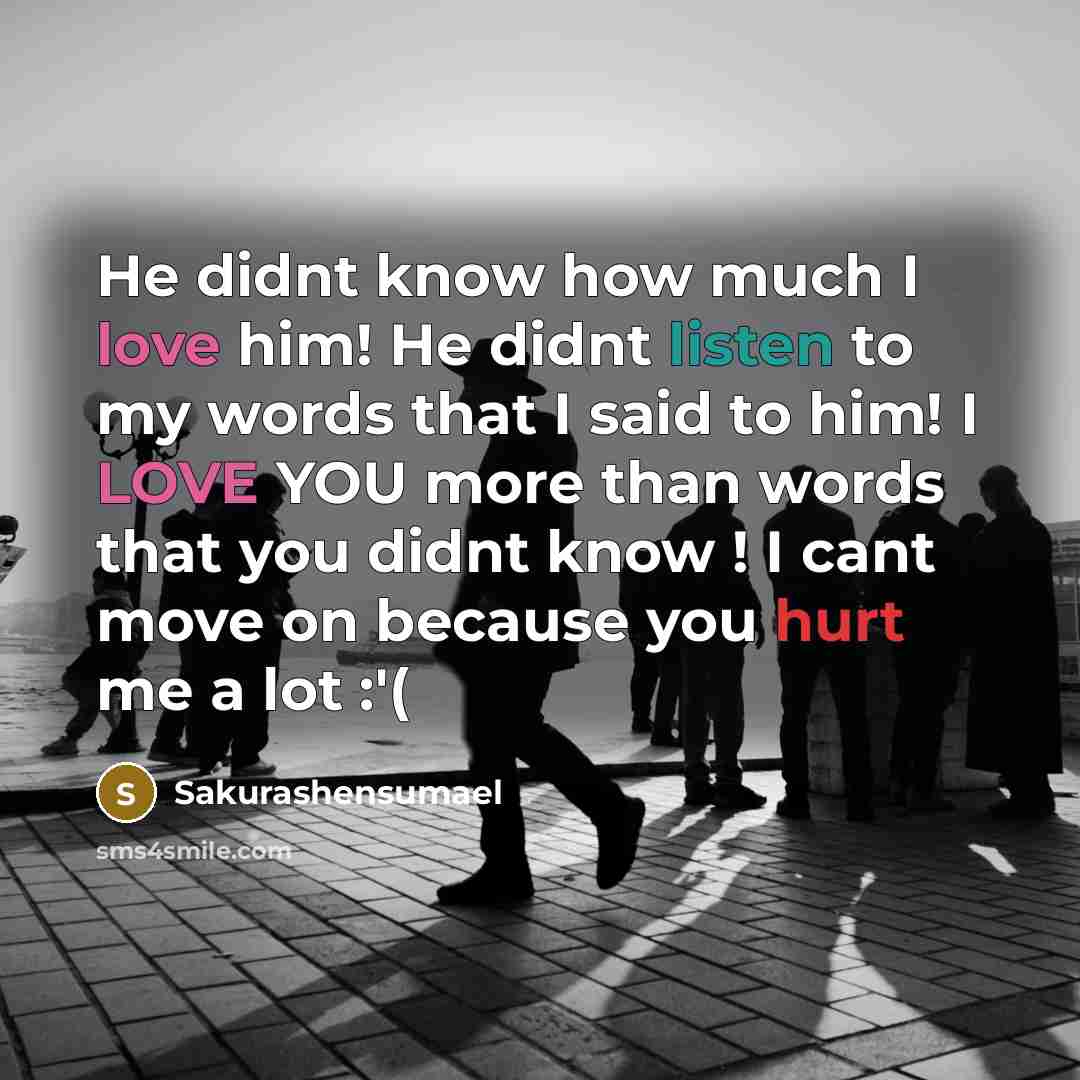 “He didnt know how much I love him! He didnt listen to my words that I said to him! I LOVE YOU more than words that you didnt know ! I cant move on because you hurt me a lot :'(” quote by Sakurashensumael