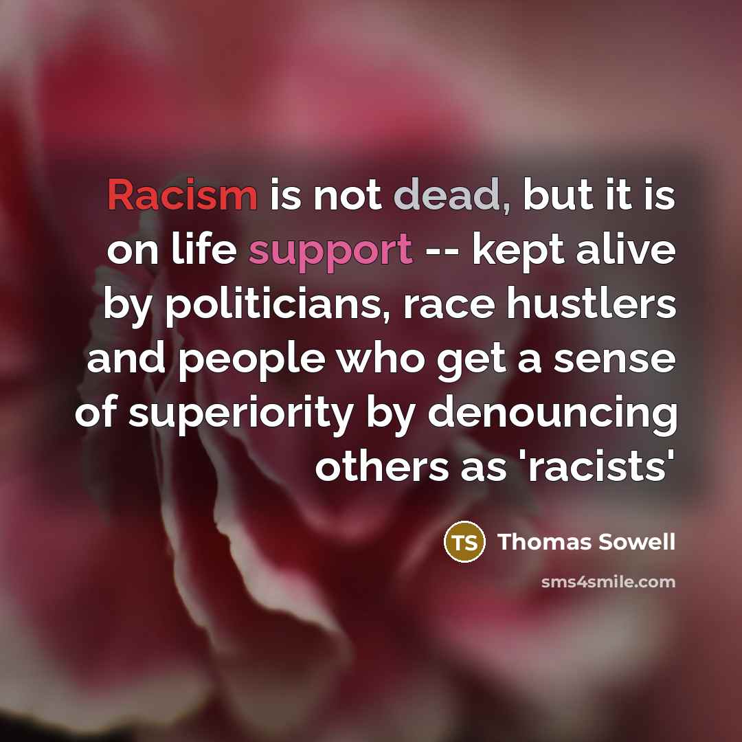 “Racism is not dead, but it is on life support -- kept alive by politicians, race hustlers and people who get a sense of superiority by denouncing others as 'racists'” quote by Thomas Sowell