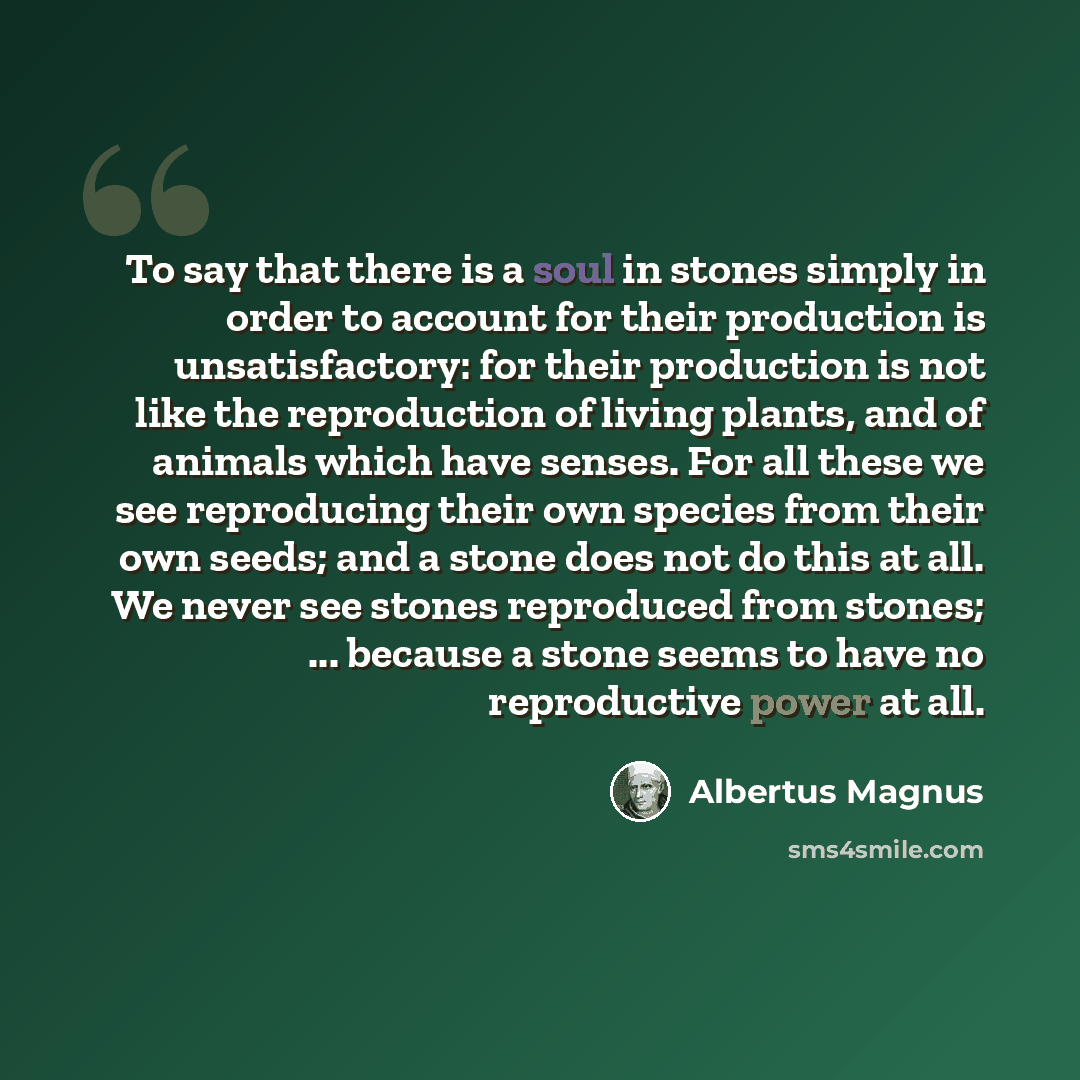 “To say that there is a soul in stones simply in order to account for their production is unsatisfactory: for their production is not like the reproduction of living plants, and of animals which have senses. For all these we see reproducing their own species from their own seeds; and a stone does…” quote by Albertus Magnus