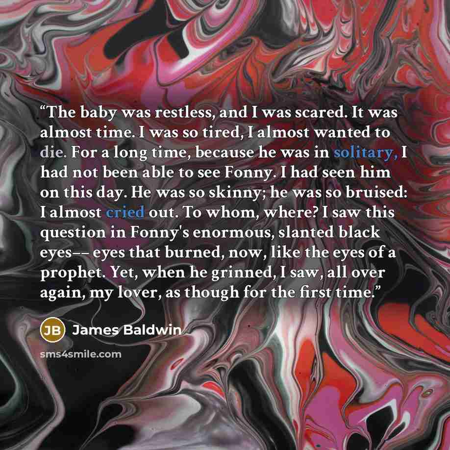 “The baby was restless, and I was scared. It was almost time. I was so tired, I almost wanted to die. For a long time, because he was in solitary, I had not been able to see Fonny. I had seen him on this day. He was so skinny; he was so bruised: I almost cried out. To whom, where? I saw this…” quote by James Baldwin