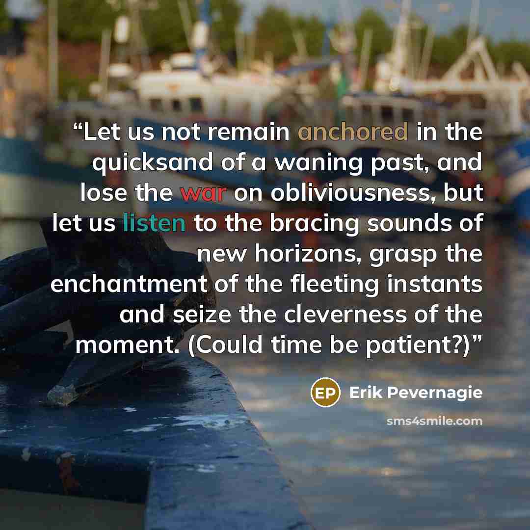 “Let us not remain anchored in the quicksand of a waning past, and lose the war on obliviousness, but let us listen to the bracing sounds of new horizons, grasp the enchantment of the fleeting instants and seize the cleverness of the moment. (Could time be patient?)” quote by Erik Pevernagie