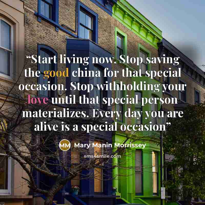 “Start living now. Stop saving the good china for that special occasion. Stop withholding your love until that special person materializes. Every day you are alive is a special occasion” quote by Mary Manin Morrissey