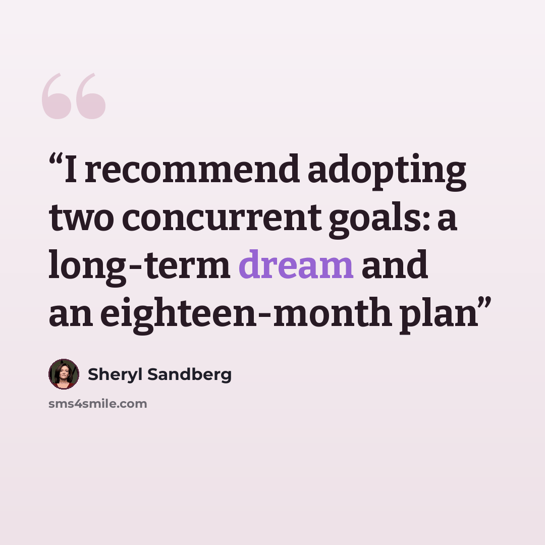 “I recommend adopting two concurrent goals: a long-term dream and an eighteen-month plan” quote by Sheryl Sandberg