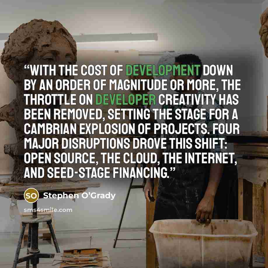 “With the cost of development down by an order of magnitude or more, the throttle on developer creativity has been removed, setting the stage for a Cambrian explosion of projects. Four major disruptions drove this shift: open source, the cloud, the Internet, and seed-stage financing.” quote by Stephen O’Grady