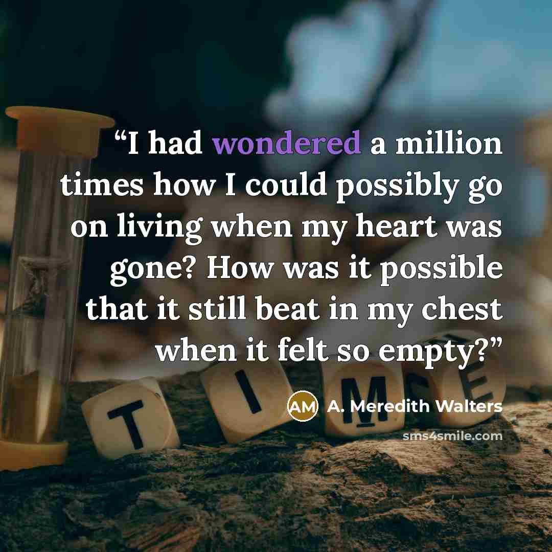 “I had wondered a million times how I could possibly go on living when my heart was gone? How was it possible that it still beat in my chest when it felt so empty?” quote by A. Meredith Walters