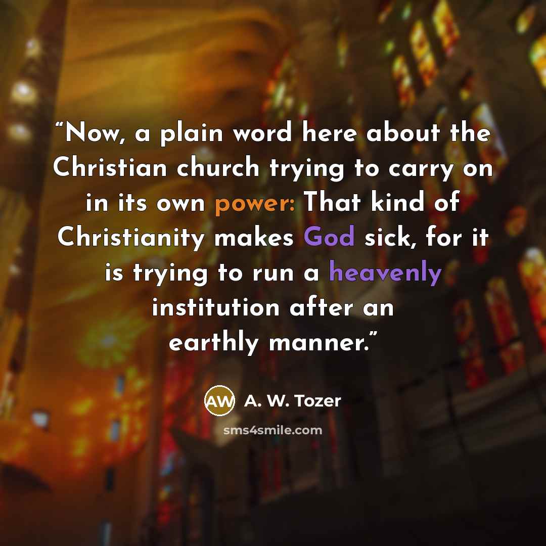 “Now, a plain word here about the Christian church trying to carry on in its own power: That kind of Christianity makes God sick, for it is trying to run a heavenly institution after an earthly manner.” quote by A. W. Tozer