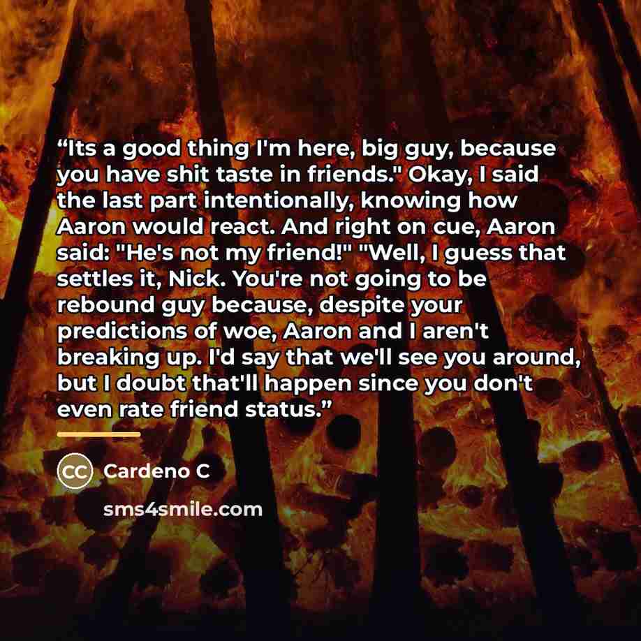 “Its a good thing I'm here, big guy, because you have shit taste in friends." Okay, I said the last part intentionally, knowing how Aaron would react. And right on cue, Aaron said: "He's not my friend!" "Well, I guess that settles it, Nick. You're not going to be rebound guy because, despite your…” quote by Cardeno C
