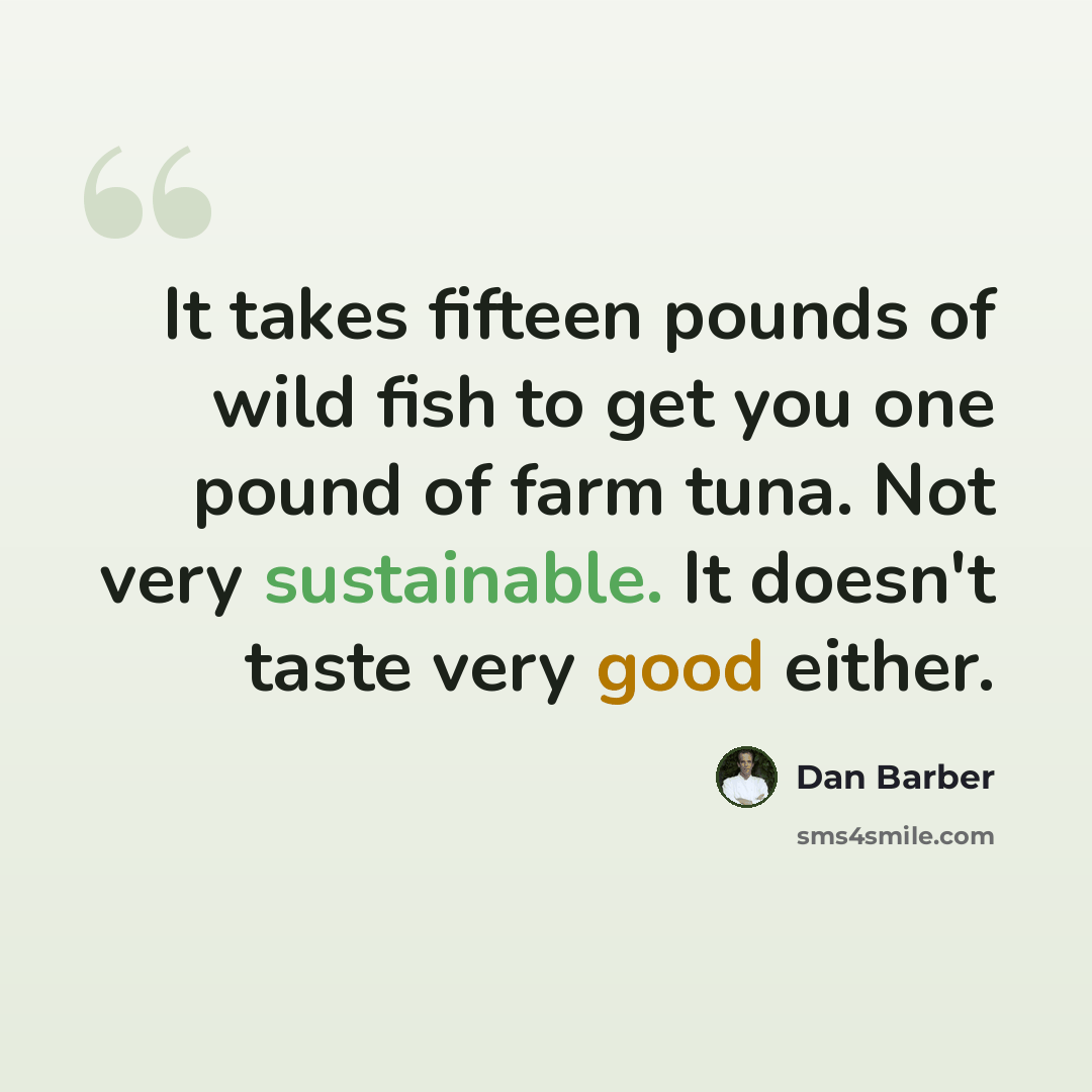 “It takes fifteen pounds of wild fish to get you one pound of farm tuna. Not very sustainable. It doesn't taste very good either.” quote by Dan Barber