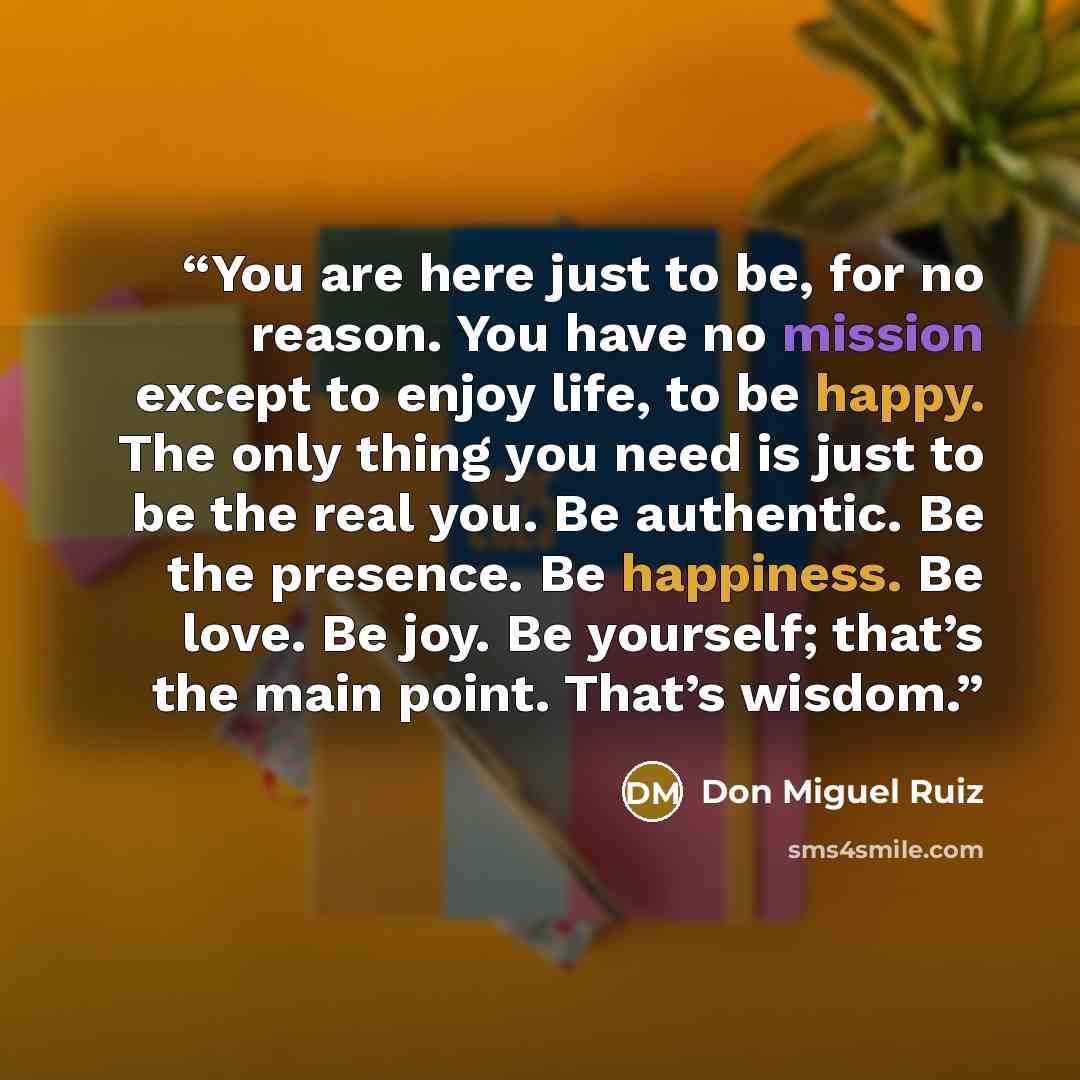 “You are here just to be, for no reason. You have no mission except to enjoy life, to be happy. The only thing you need is just to be the real you. Be authentic. Be the presence. Be happiness. Be love. Be joy. Be yourself; that’s the main point. That’s wisdom.” quote by Don Miguel Ruiz