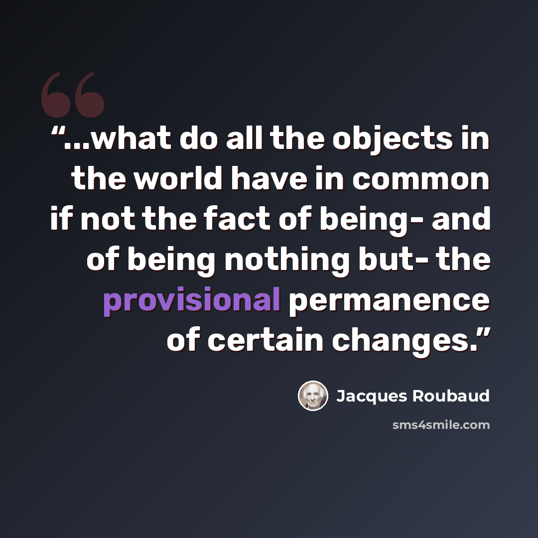 “...what do all the objects in the world have in common if not the fact of being- and of being nothing but- the provisional permanence of certain changes.” quote by Jacques Roubaud