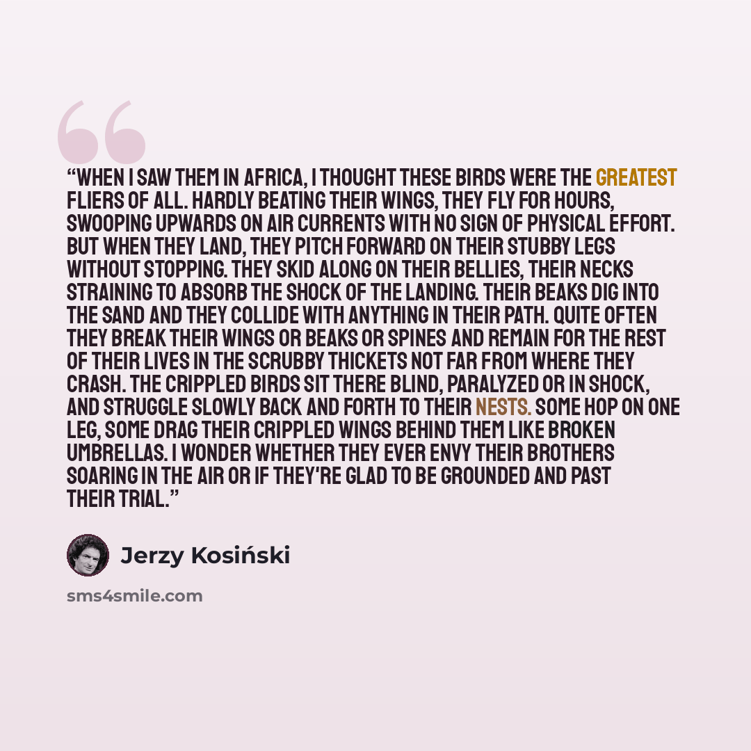 “When I saw them in Africa, I thought these birds were the greatest fliers of all. Hardly beating their wings, they fly for hours, swooping upwards on air currents with no sign of physical effort. But when they land, they pitch forward on their stubby legs without stopping. They skid along on their…” quote by Jerzy Kosiński