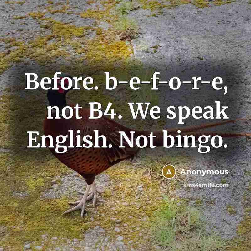 “Before. b-e-f-o-r-e, not B4. We speak English. Not bingo.” quote by Anonymous