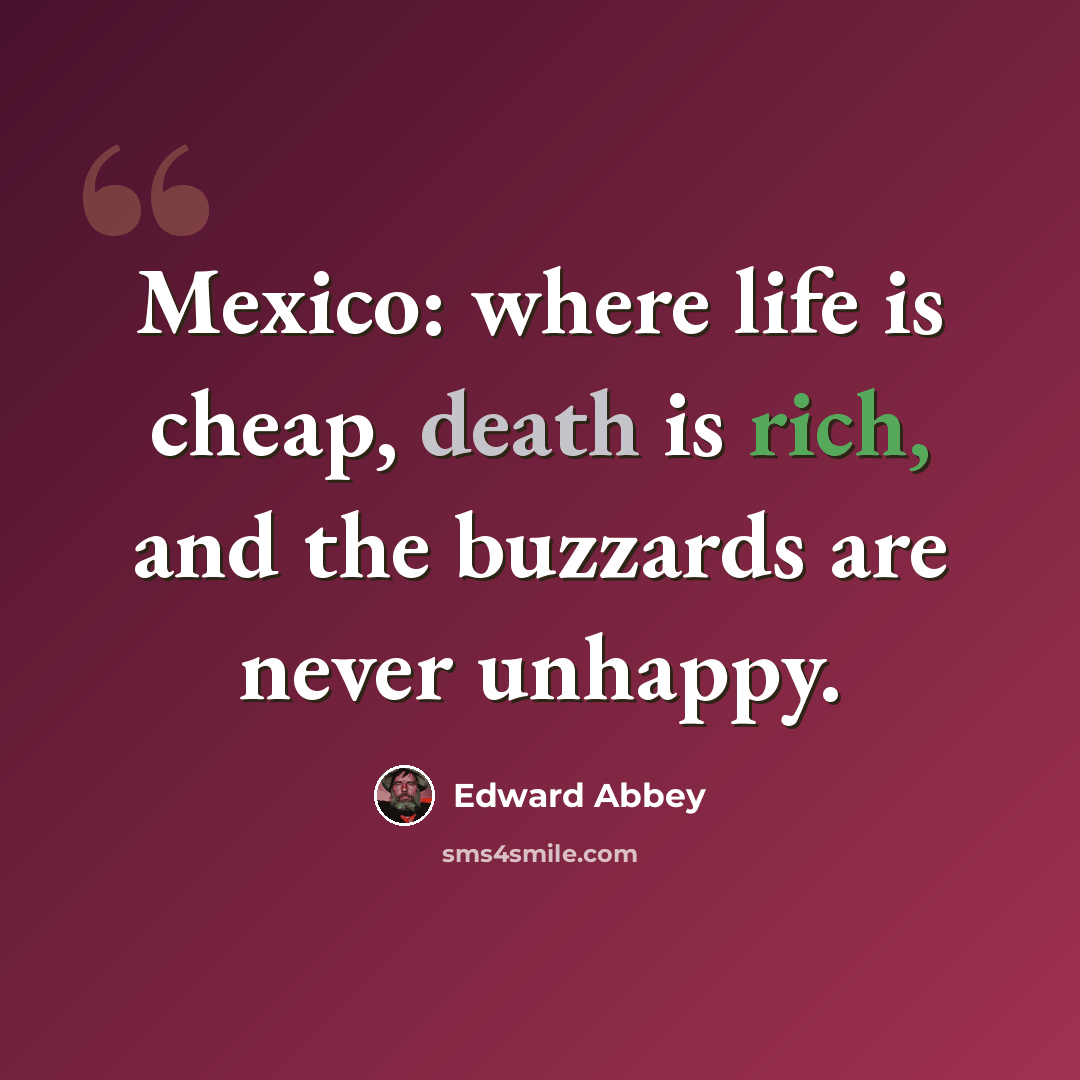 “Mexico: where life is cheap, death is rich, and the buzzards are never unhappy.” quote by Edward Abbey