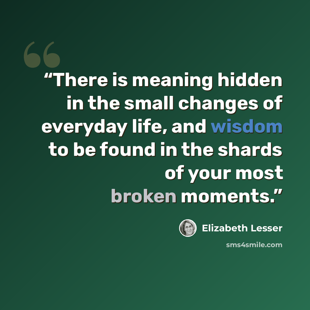 “There is meaning hidden in the small changes of everyday life, and wisdom to be found in the shards of your most broken moments.” quote by Elizabeth Lesser