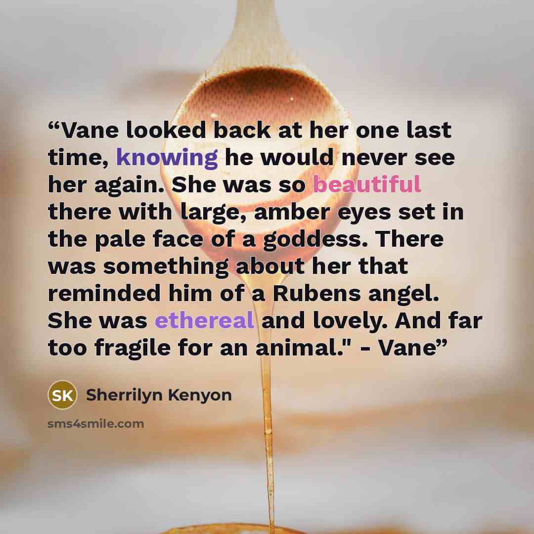 “Vane looked back at her one last time, knowing he would never see her again. She was so beautiful there with large, amber eyes set in the pale face of a goddess. There was something about her that reminded him of a Rubens angel. She was ethereal and lovely. And far too fragile for an animal." - Vane” quote by Sherrilyn Kenyon