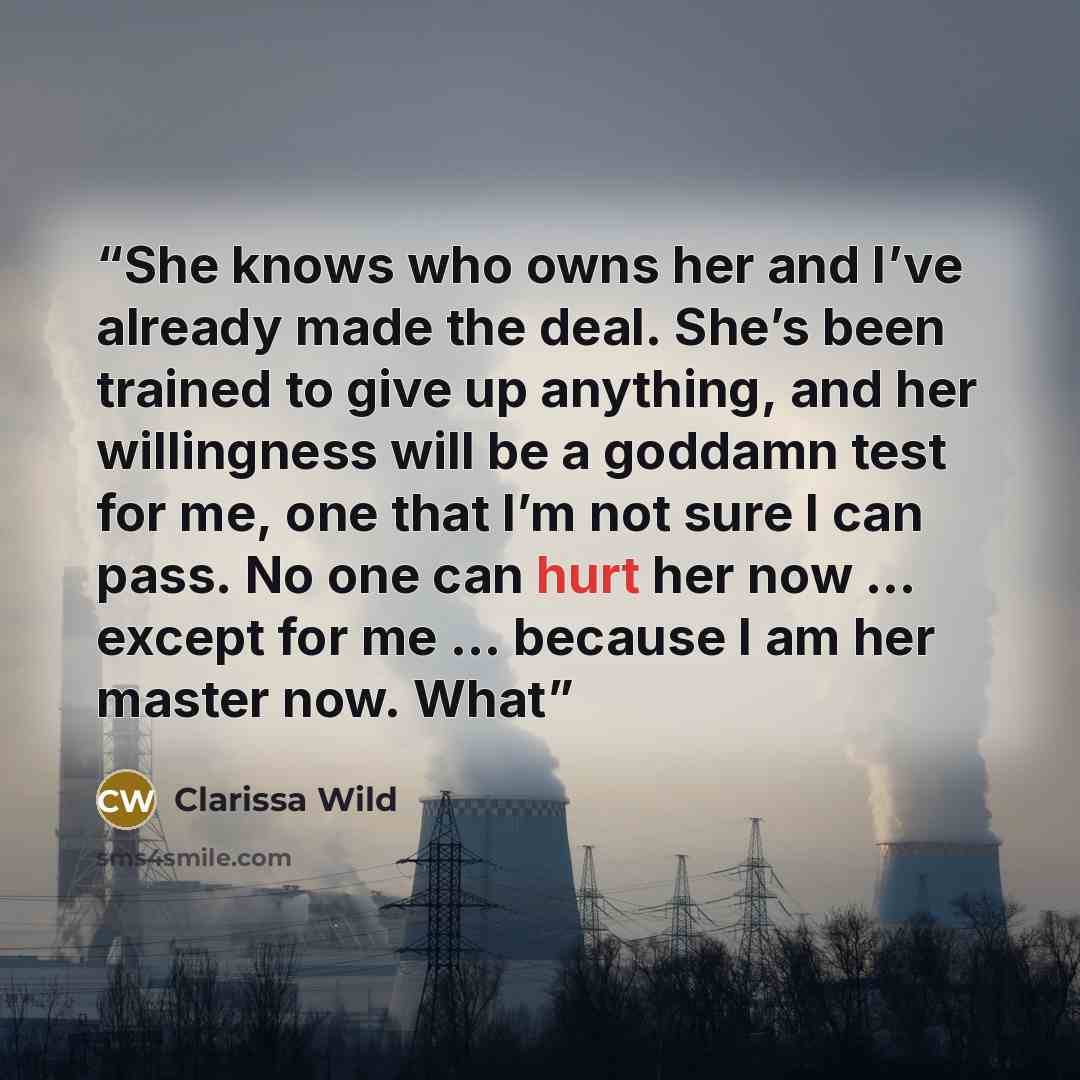“She knows who owns her and I’ve already made the deal. She’s been trained to give up anything, and her willingness will be a goddamn test for me, one that I’m not sure I can pass. No one can hurt her now … except for me … because I am her master now. What” quote by Clarissa Wild