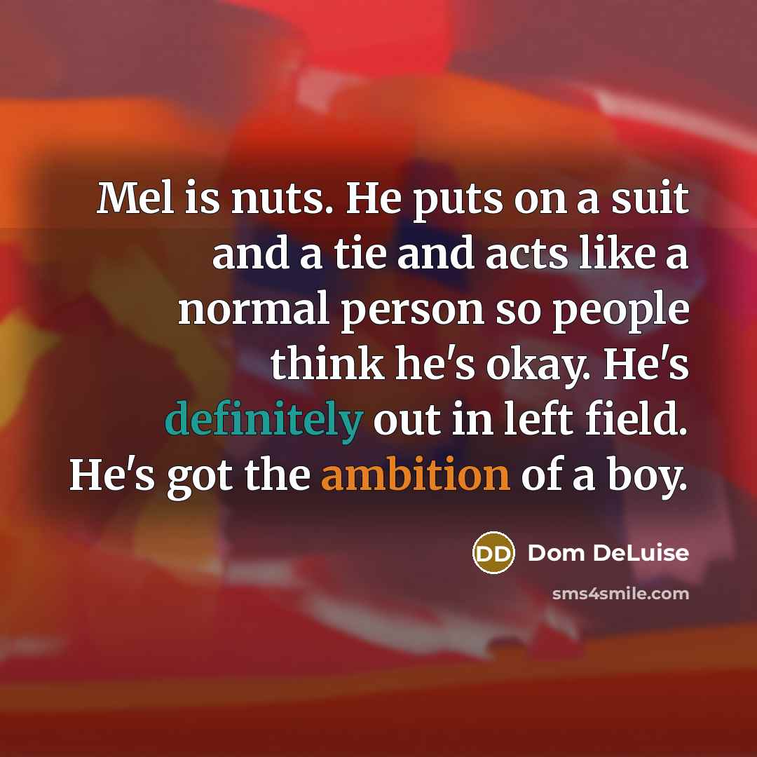 “Mel is nuts. He puts on a suit and a tie and acts like a normal person so people think he's okay. He's definitely out in left field. He's got the ambition of a boy.” quote by Dom DeLuise