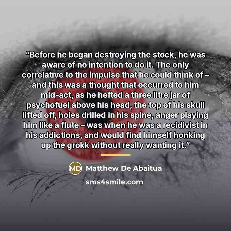 “Before he began destroying the stock, he was aware of no intention to do it. The only correlative to the impulse that he could think of – and this was a thought that occurred to him mid-act, as he hefted a three litre jar of psychofuel above his head, the top of his skull lifted off, holes drilled…” quote by Matthew De Abaitua