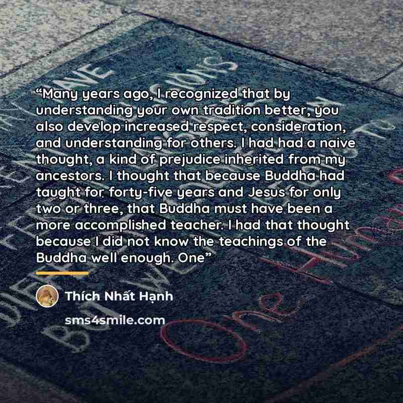 “Many years ago, I recognized that by understanding your own tradition better, you also develop increased respect, consideration, and understanding for others. I had had a naive thought, a kind of prejudice inherited from my ancestors. I thought that because Buddha had taught for forty-five years…” quote by Thich Nhat Hanh