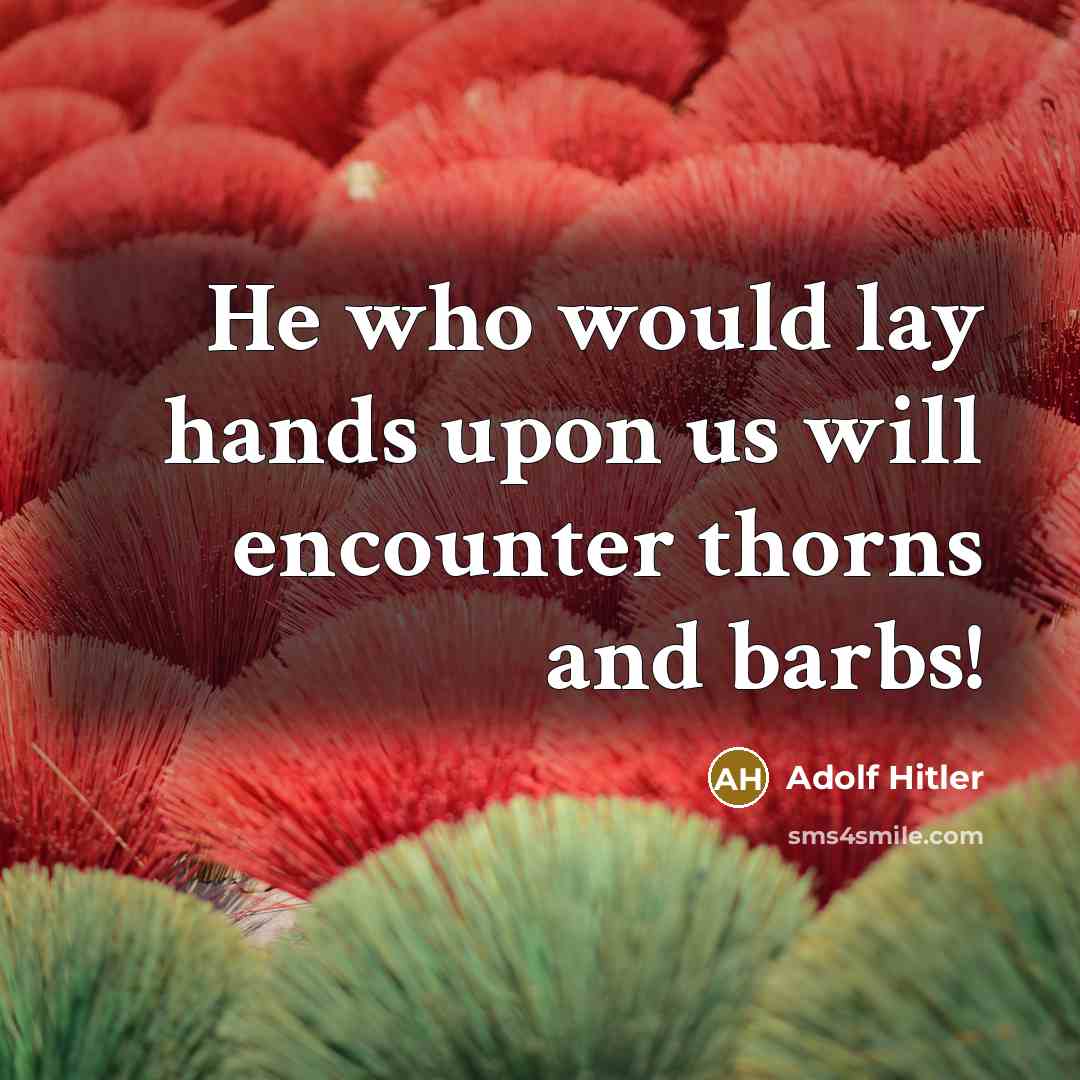 “He who would lay hands upon us will encounter thorns and barbs!” quote by Adolf Hitler