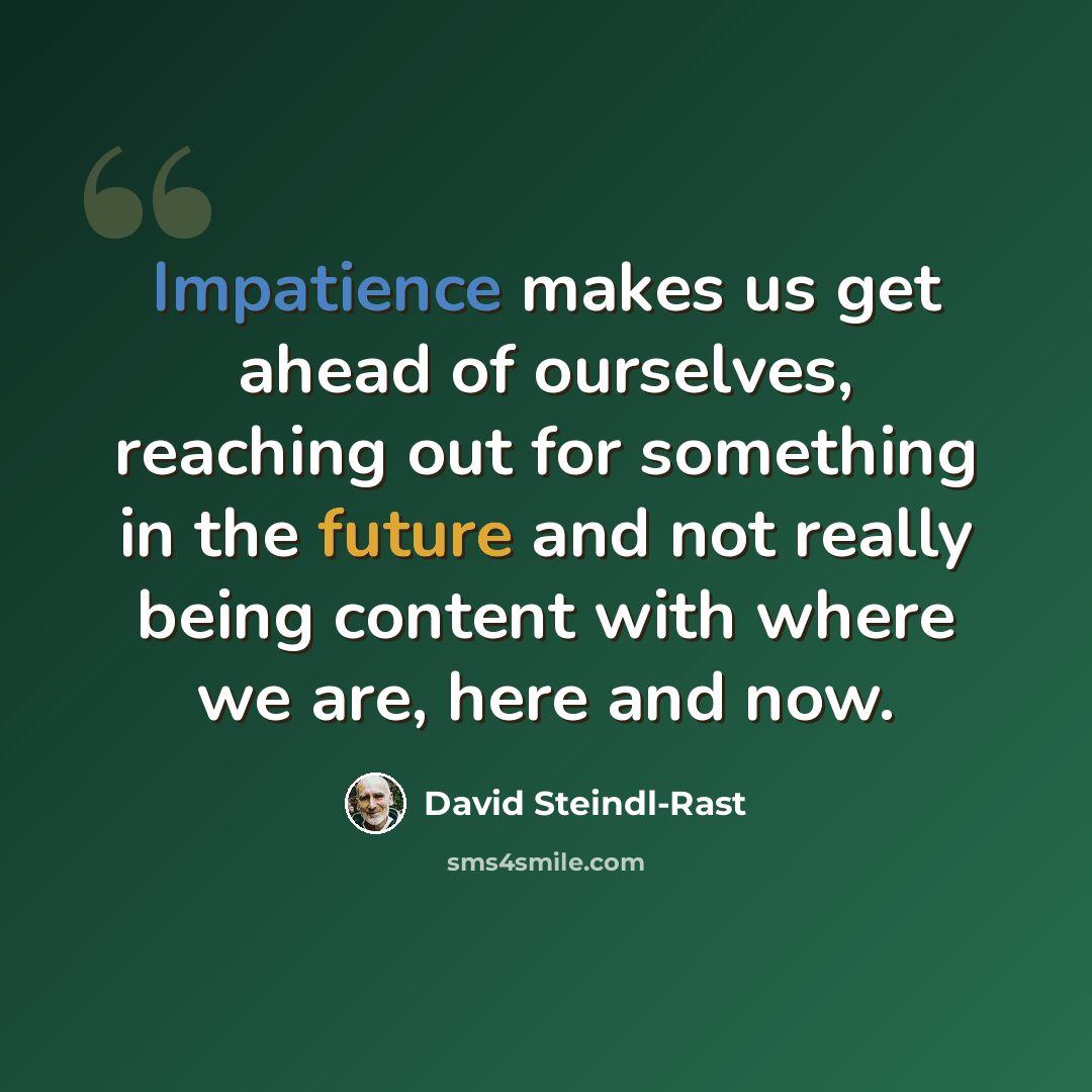 “Impatience makes us get ahead of ourselves, reaching out for something in the future and not really being content with where we are, here and now.” quote by David Steindl-Rast