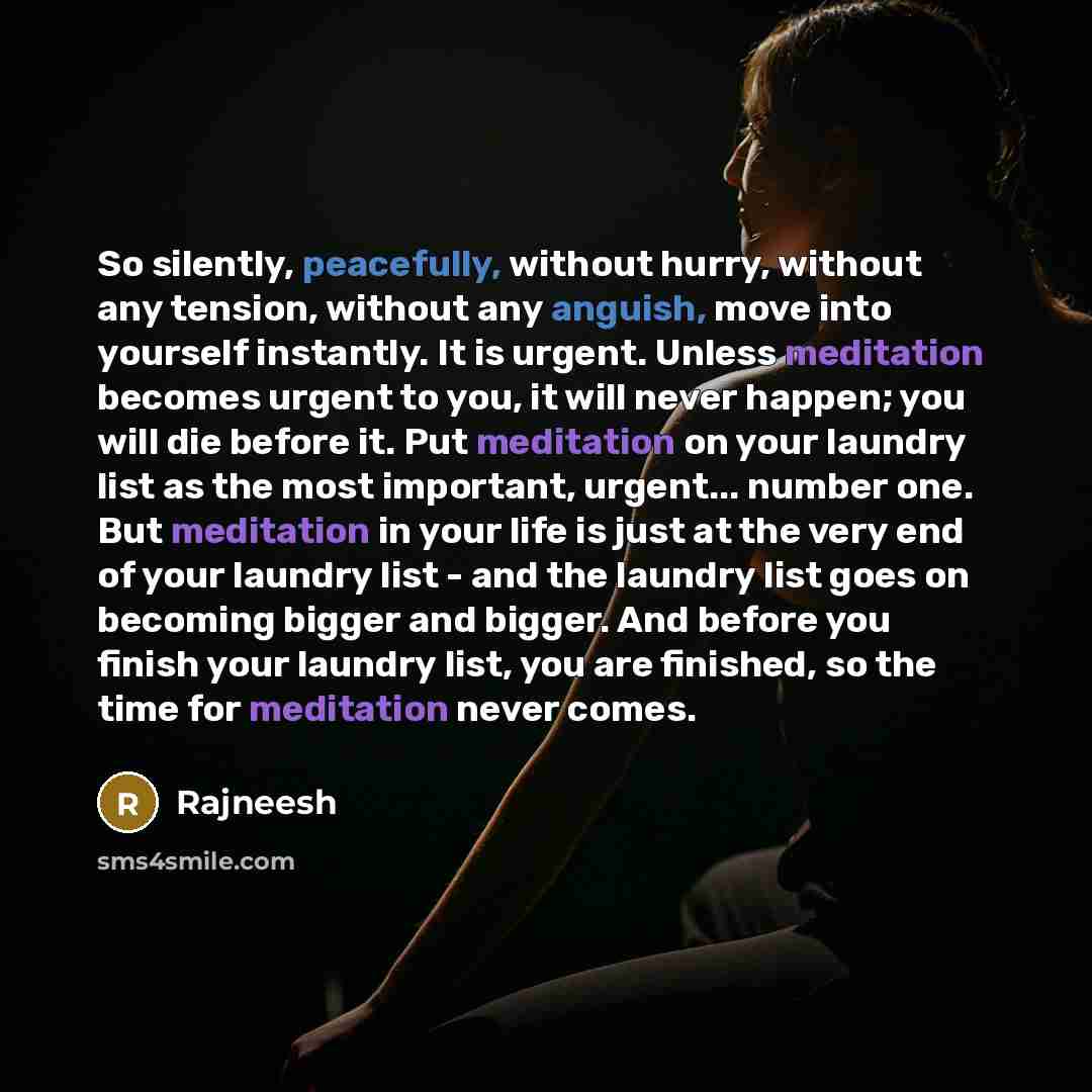 “So silently, peacefully, without hurry, without any tension, without any anguish, move into yourself instantly. It is urgent. Unless meditation becomes urgent to you, it will never happen; you will die before it. Put meditation on your laundry list as the most important, urgent... number one. But…” quote by Rajneesh