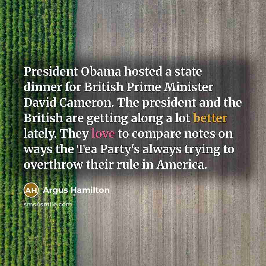 “President Obama hosted a state dinner for British Prime Minister David Cameron. The president and the British are getting along a lot better lately. They love to compare notes on ways the Tea Party's always trying to overthrow their rule in America.” quote by Argus Hamilton