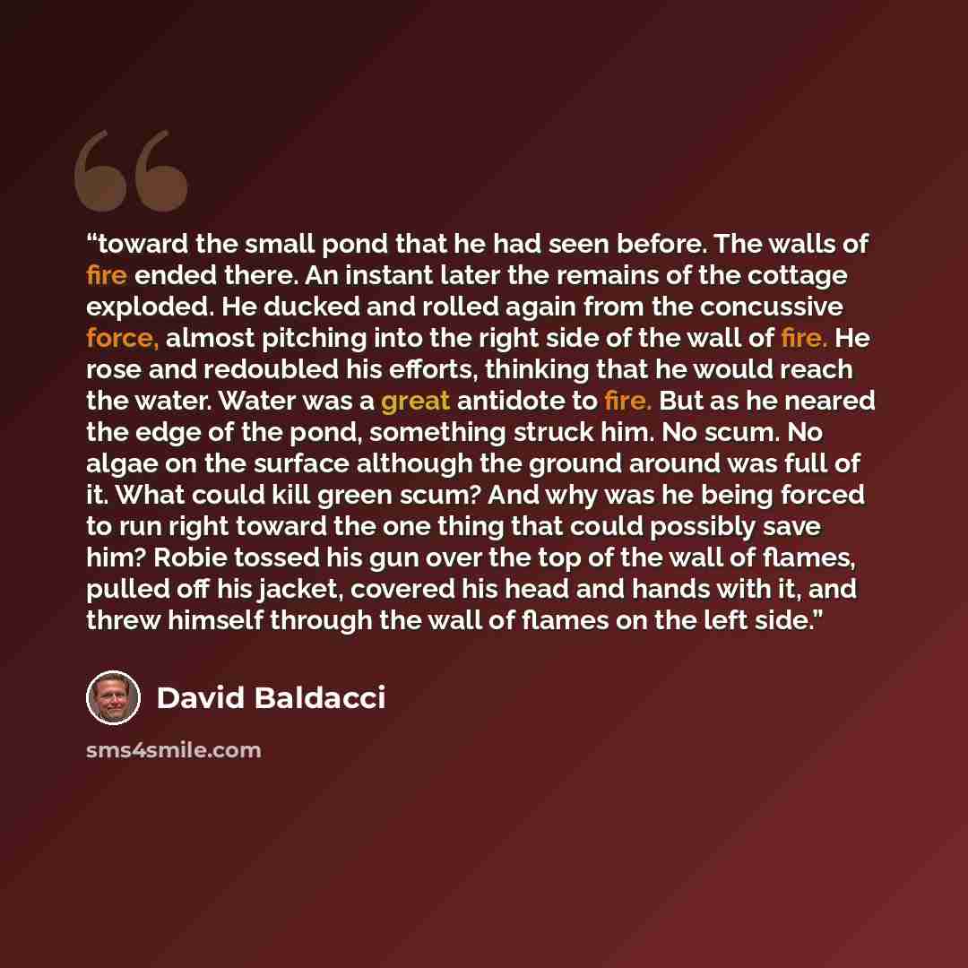 “toward the small pond that he had seen before. The walls of fire ended there. An instant later the remains of the cottage exploded. He ducked and rolled again from the concussive force, almost pitching into the right side of the wall of fire. He rose and redoubled his efforts, thinking that he…” quote by David Baldacci