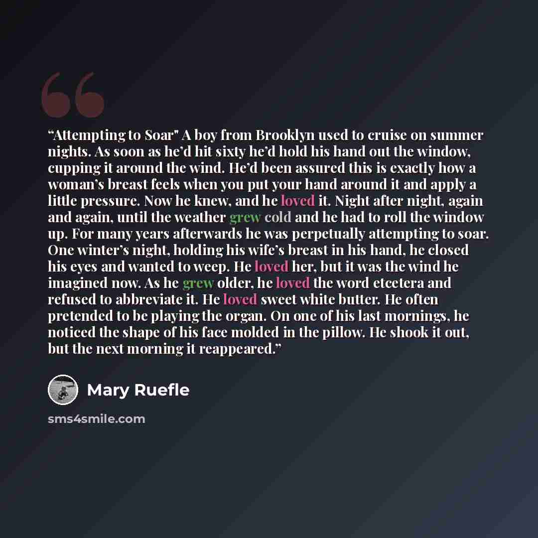 “Attempting to Soar" A boy from Brooklyn used to cruise on summer nights. As soon as he’d hit sixty he’d hold his hand out the window, cupping it around the wind. He’d been assured this is exactly how a woman’s breast feels when you put your hand around it and apply a little pressure. Now he knew…” quote by Mary Ruefle
