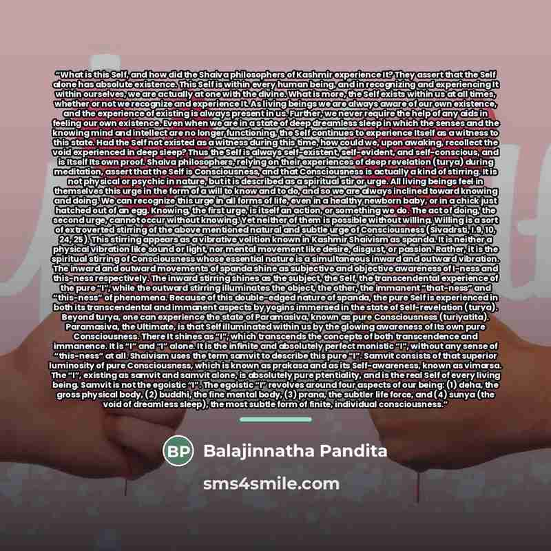 “What is this Self, and how did the Shaiva philosophers of Kashmir experience It? They assert that the Self alone has absolute existence. This Self is within every human being, and in recognizing and experiencing It within ourselves, we are actually at one with the divine. What is more, the Self…” quote by Balajinnatha Pandita