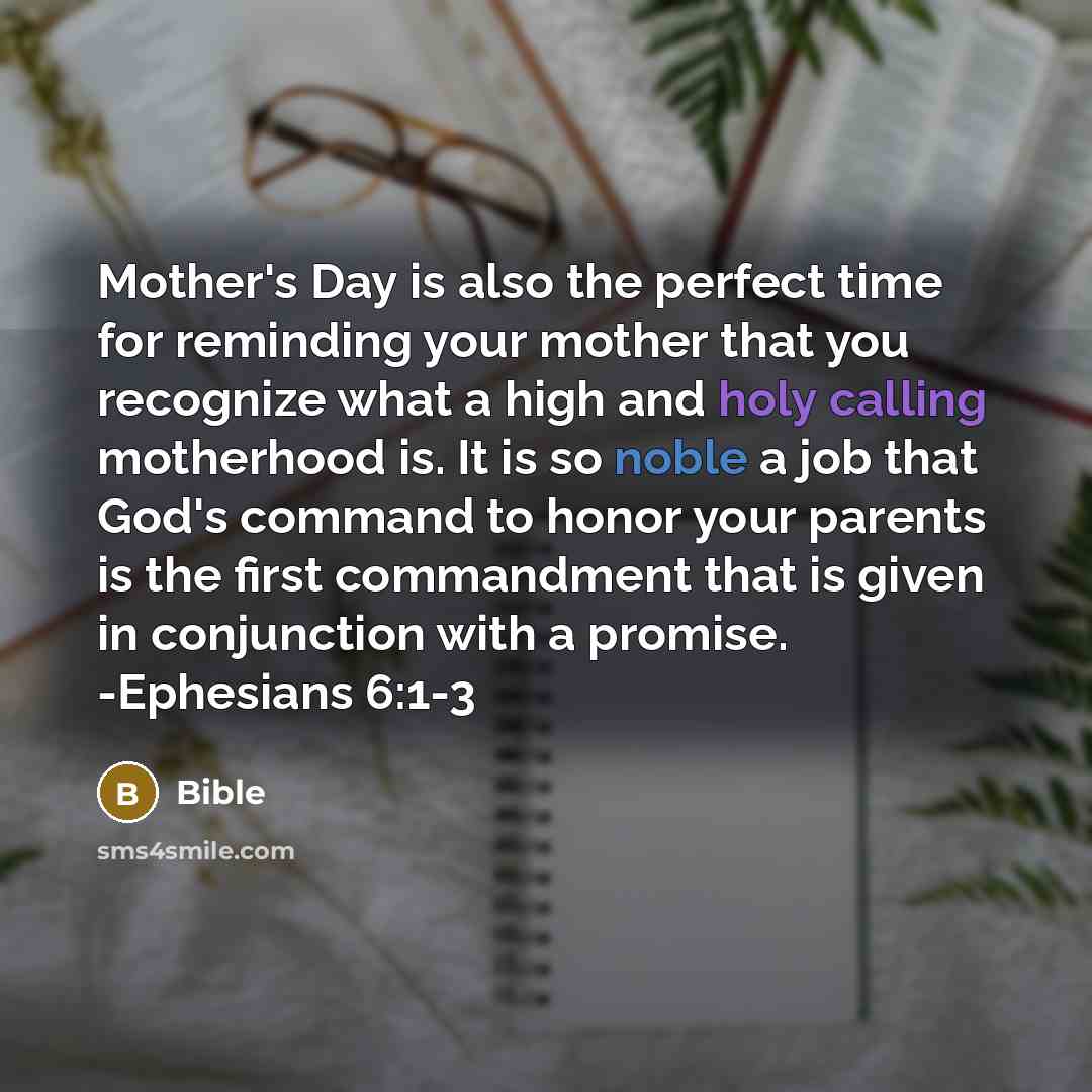 “Mother's Day is also the perfect time for reminding your mother that you recognize what a high and holy calling motherhood is. It is so noble a job that God's command to honor your parents is the first commandment that is given in conjunction with a promise. -Ephesians 6:1-3” quote by Bible