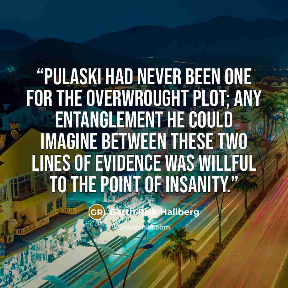 “Pulaski had never been one for the overwrought plot; any entanglement he could imagine between these two lines of evidence was willful to the point of insanity.” quote by Garth Risk Hallberg