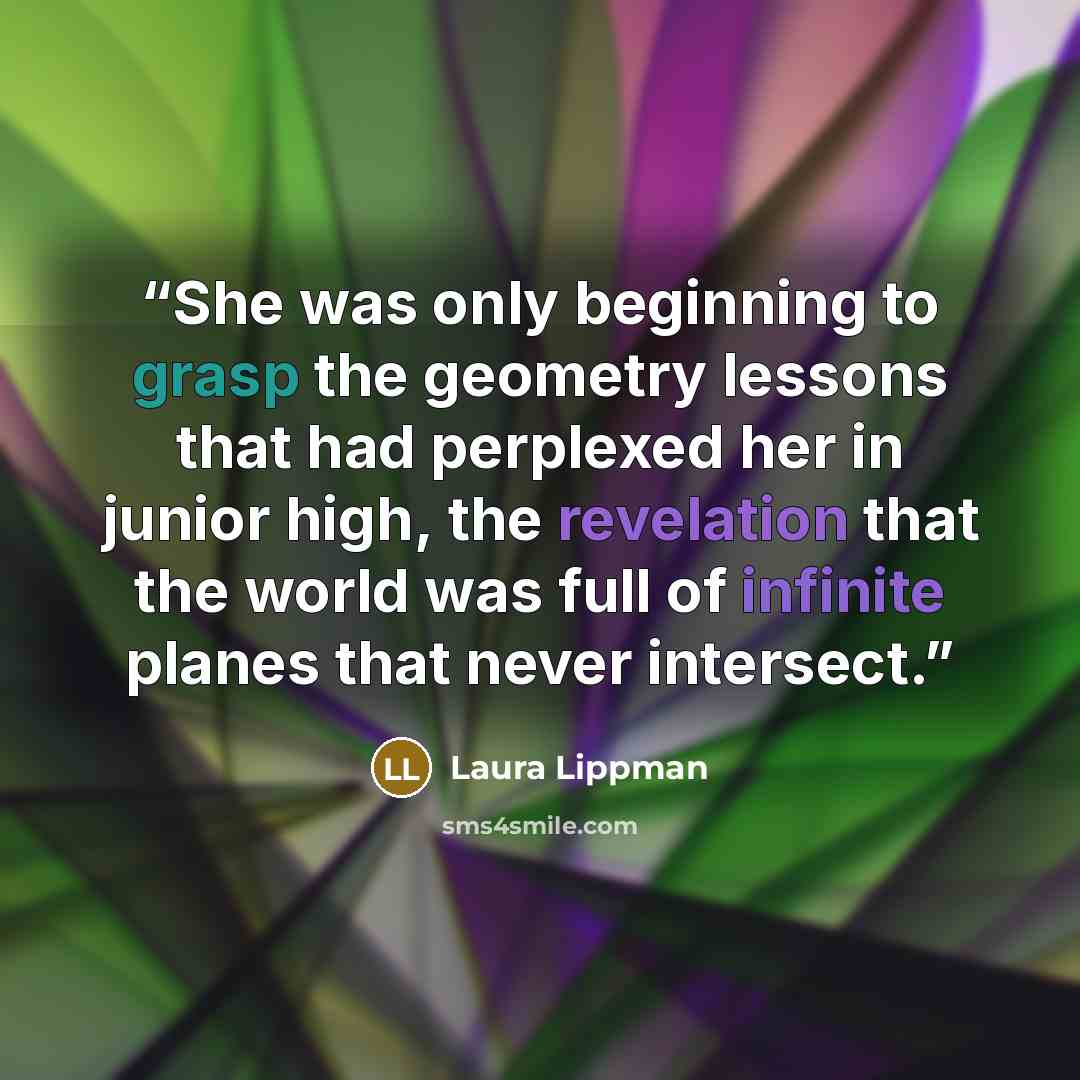 “She was only beginning to grasp the geometry lessons that had perplexed her in junior high, the revelation that the world was full of infinite planes that never intersect.” quote by Laura Lippman